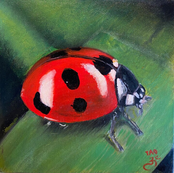 Painting titled "Ladybug" by Tanja Olsson, Original Artwork, Oil Mounted on Wood Stretcher frame
