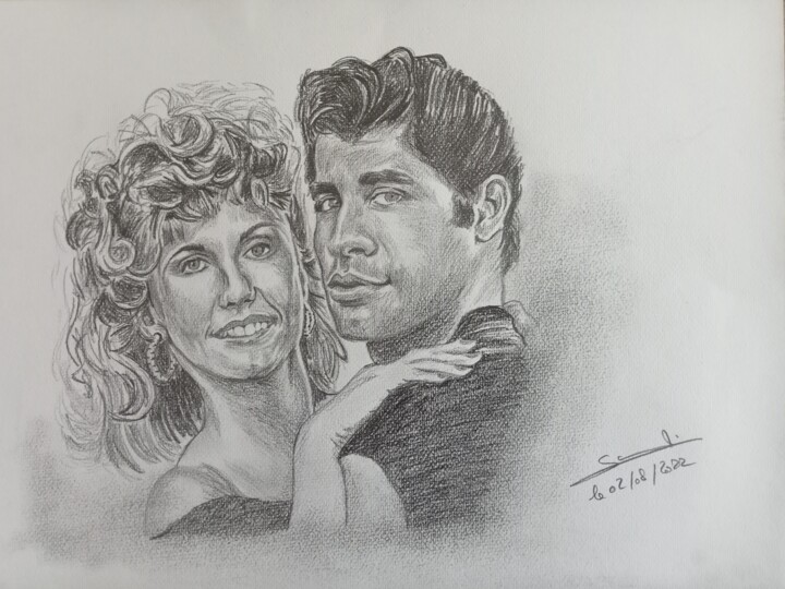 Illustration des acteurs du film Grease réalisé aux crayons 图画, 11.7x16.5 in