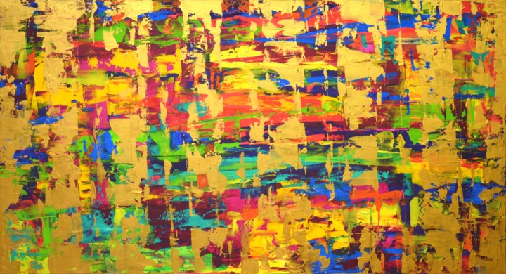 Abstract expression with gold. 绘画, 27.6x51.2 in