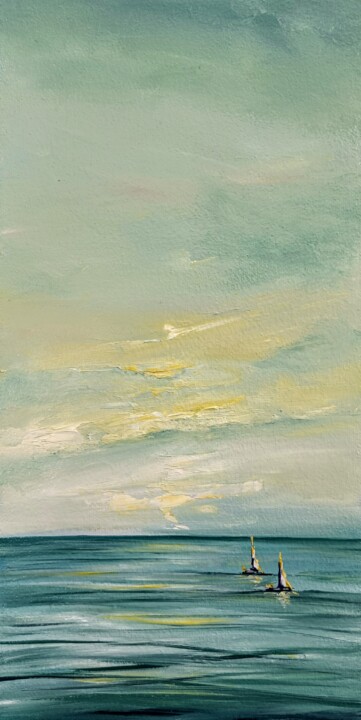 TWO BOATS 绘画, 15.8x7.9 in