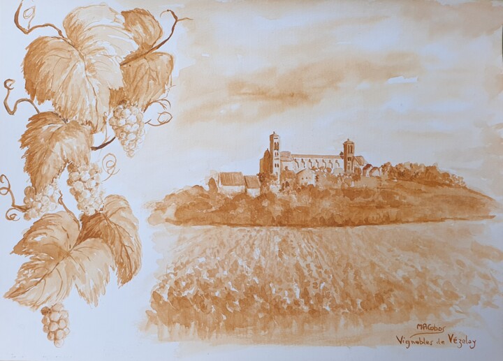 Peinture intitulée "Vezelay et ses vign…" par Marian Cobos, Œuvre d'art originale, Aquarelle