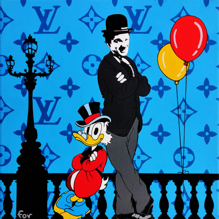绘画 标题为“Chaplin and a friend” 由Fov, 原创艺术品, 丙烯 安装在木质担架架上