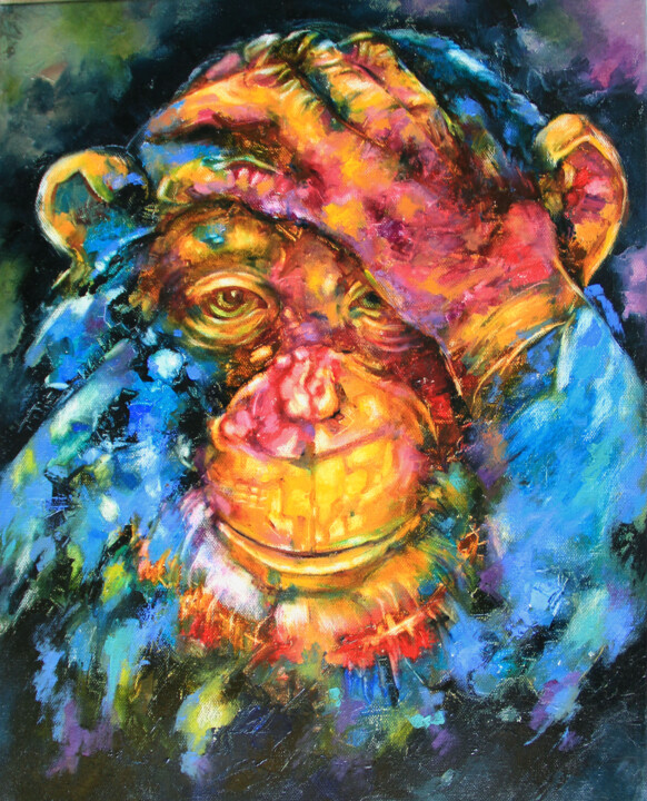 Monkey painting. Wildlife art in oil on canvas. 绘画, 20x16 in
