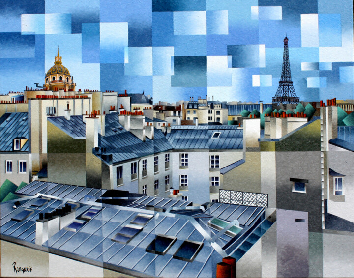 TOITS DE PARIS - Invalides et tour EIFFEL 绘画, 28.7x36.2 in