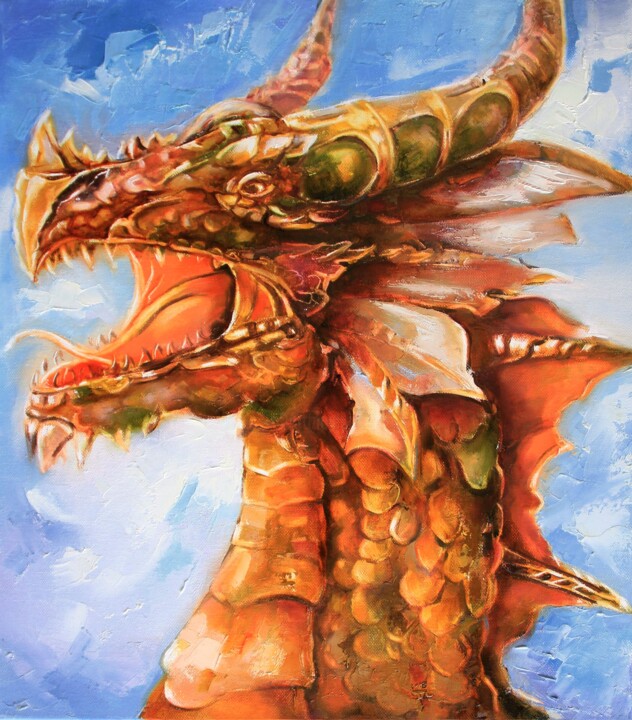 Dragon painting. Contemporary animal art. Shades of gold. 绘画, 20x16 in