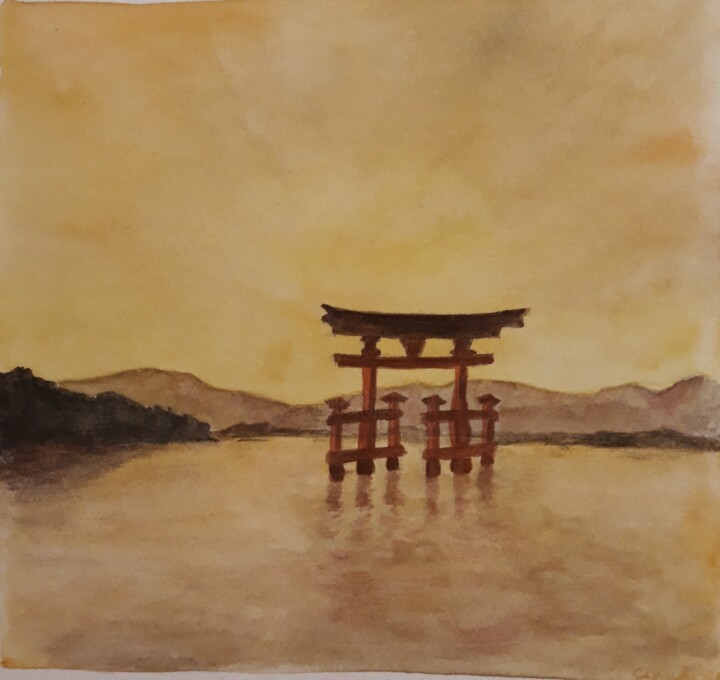 Painting titled "Torii 1" by Claude Legrain, Original Artwork, Watercolor