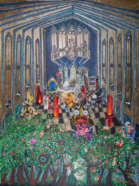 Malerei mit dem Titel "TEMPELTANZ" von Kurt Manhart, Original-Kunstwerk, Collagen
