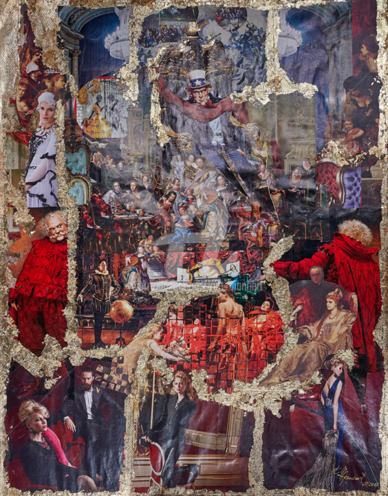 Malerei mit dem Titel "WELTTHEATER" von Kurt Manhart, Original-Kunstwerk, Collagen
