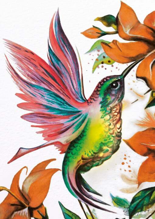 Hummingbird Bird Orange Flowers Paradise Garden Floral Art 绘画, 11.4x8.3 in