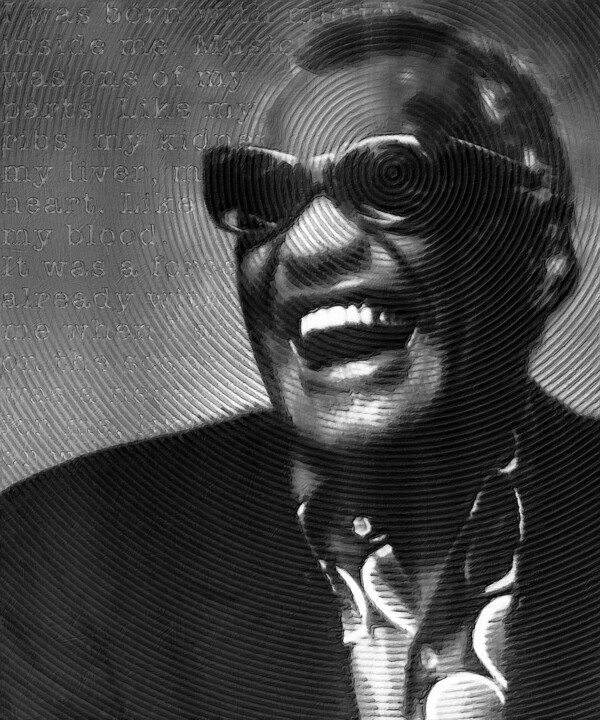 Ray Charles Robinson and Quote Black and Gray 绘画, 20x15 in