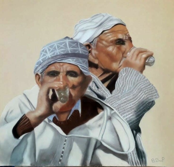 Painting titled "Thé à la menthe" by Brigitte Pinel Cabot, Original Artwork, Pastel Mounted on Wood Stretcher frame