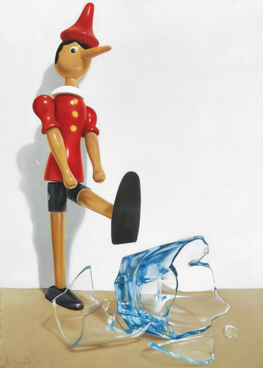 Painting titled "Pinocchio Dispettoso" by Damiano Pizzetti, Original Artwork, Oil Mounted on Other rigid panel