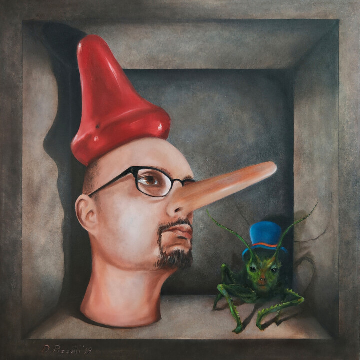 Painting titled "Autoritratto....con…" by Damiano Pizzetti, Original Artwork, Oil Mounted on Wood Stretcher frame