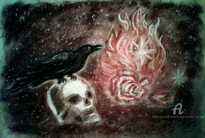 Raven and Skull 绘画, 13.8x19.7 in