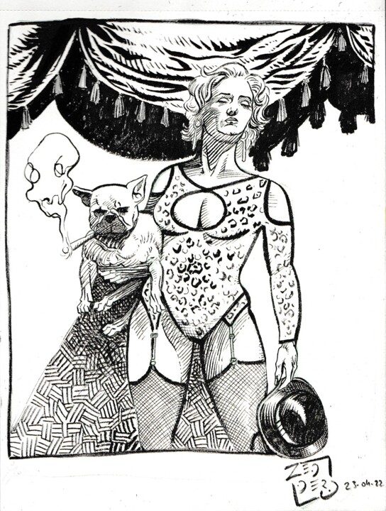 pinup with dog 图画, 10.6x8.3 in