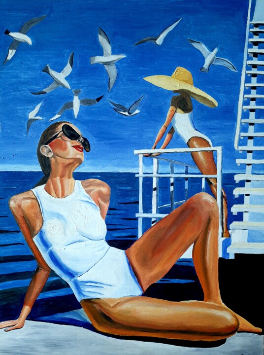 Peinture intitulée "Enjoying the sun" par Kurotory, Œuvre d'art originale, Huile Monté sur Châssis en bois