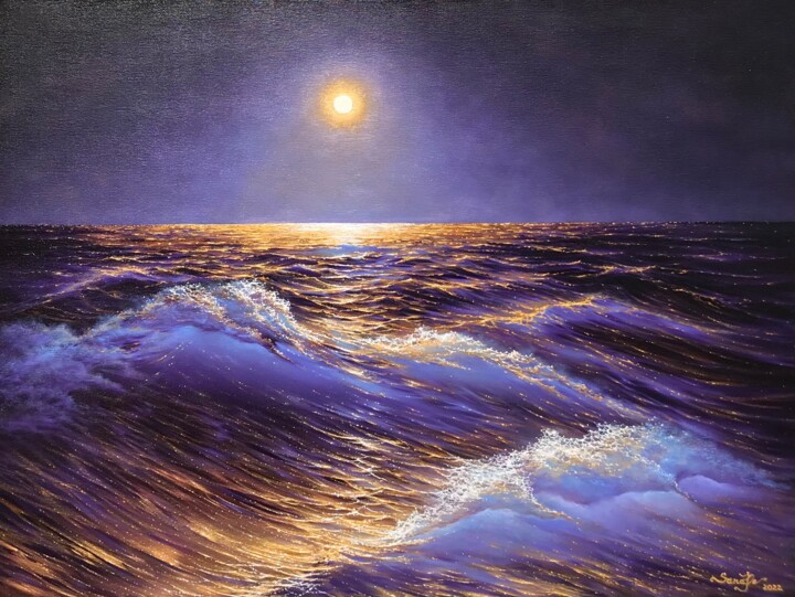 Gold seascape, original artwork. 绘画, 23.6x31.5 in
