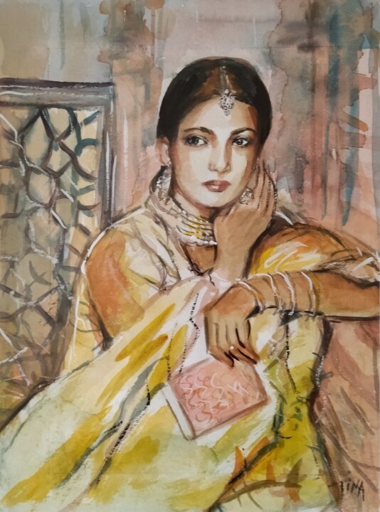 Painting titled "femme dans un salon" by Martine Banacer, Original Artwork, Watercolor