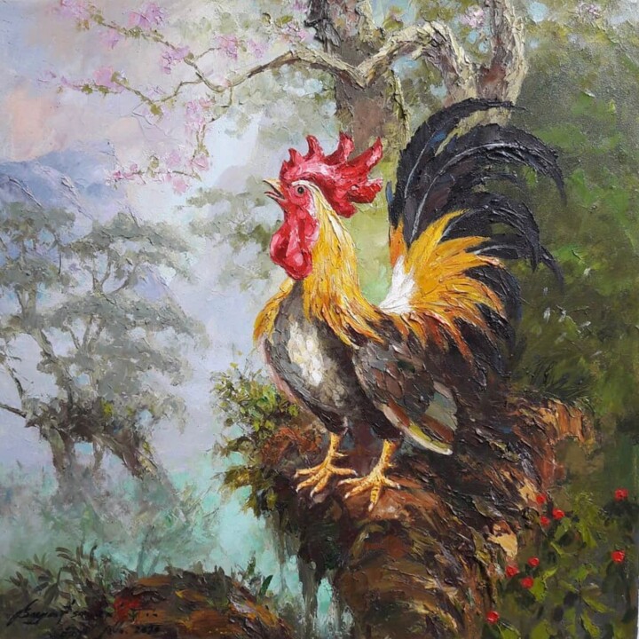 Crowing Rooster 绘画, 27.6x27.6 in
