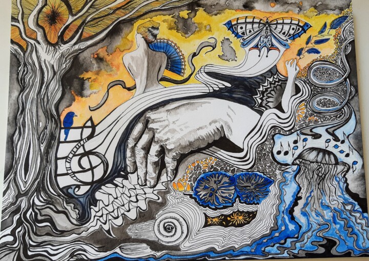 L'artiste et l'oiseau bleu 绘画, 9.5x12.6 in