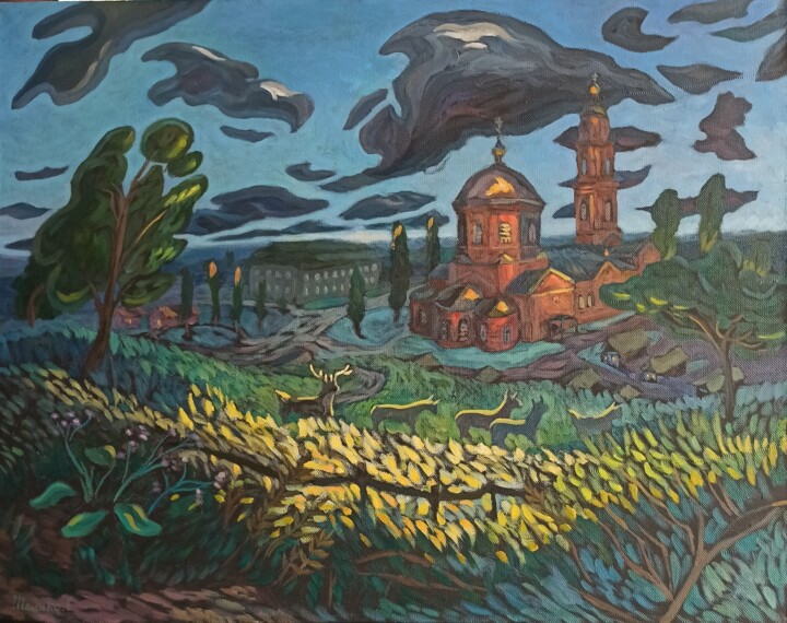 Abstract oil painting. Unity with nature. 绘画, 21.7x27.6 in