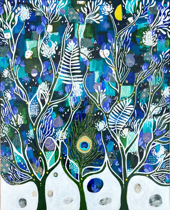 Trois arbres et plume de paon 绘画, 16.1x13 in