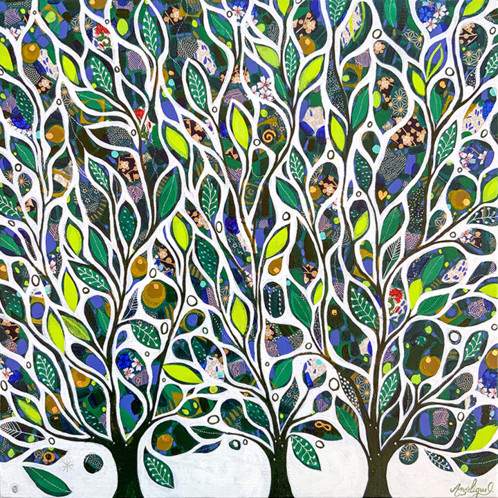 Trois arbres verts 绘画, 19.7x19.7 in