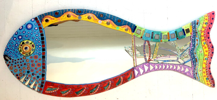miroir de porte mural "poisson Brasilia"mosaïque et peinture 设计, 47.2x19.3 in