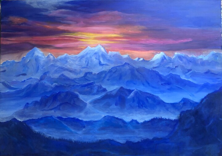 Painting titled "Sunrise" by Siham Itani, Original Artwork, Acrylic Mounted on Wood Stretcher frame