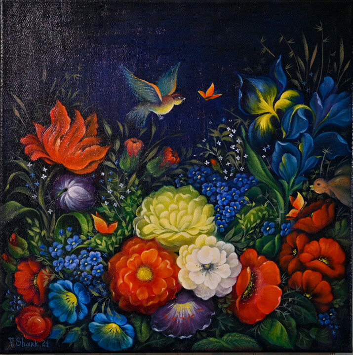 Цветы с птичкой 绘画, 15.8x15.8 in