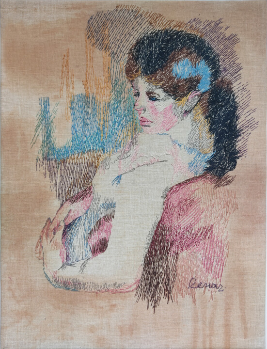 Painting titled "Portrait of a girl" by Zoia Ahatina, Original Artwork, Embroidery Mounted on Wood Stretcher frame