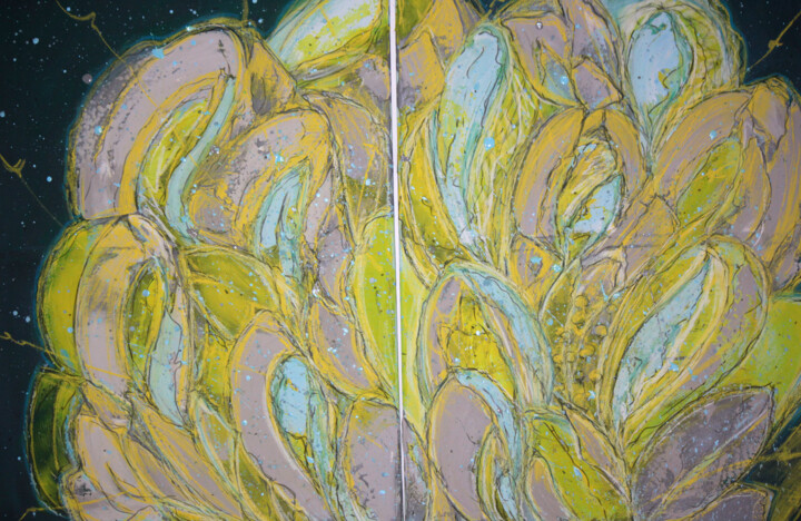 Acrylic mixedmedia structure painting Yellow magic. 绘画, 27.6x39.4 in