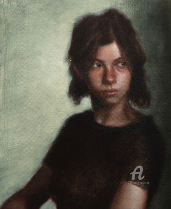 Taciturn in green 绘画, 10.6x8.7 in