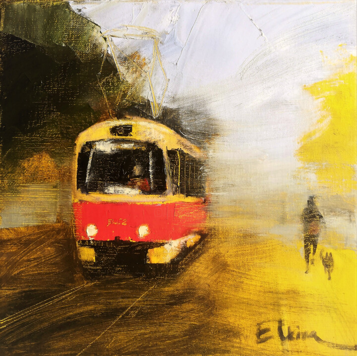 Autumn tram 绘画, 8x8 in