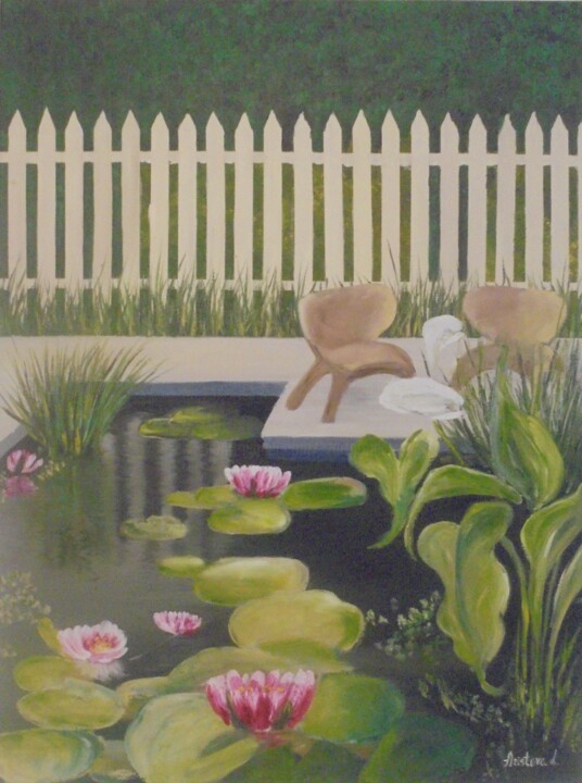 Painting titled "Pond Garden" by Liubov Aristova, Original Artwork, Oil