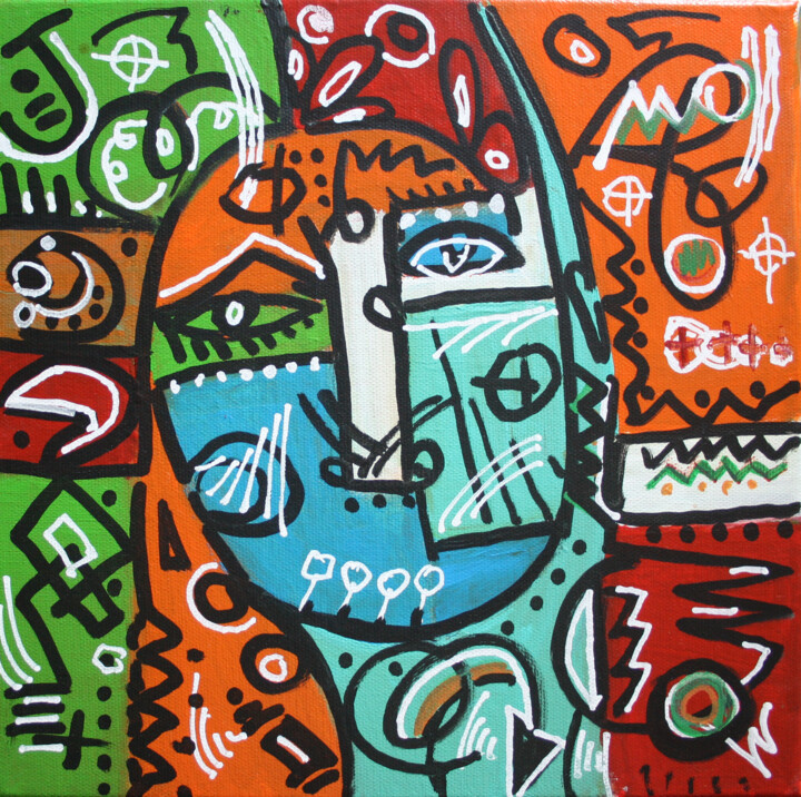 Painting titled "CRAZY HEAD II (Phil…" by Philip/Ulrike Langen, Original Artwork, Acrylic Mounted on Wood Stretcher frame