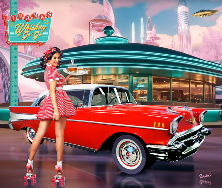 Rollerskating Waitress & Chevrolet Belair 1957 210 - 2 Door 数字艺术