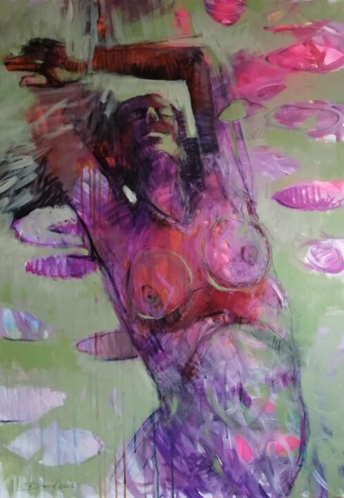 Malerei mit dem Titel "Dans la rivière vio…" von Olga David, Original-Kunstwerk, Acryl Auf Keilrahmen aus Holz montiert