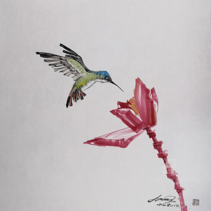 제목이 "Olive-backed Sunbir…"인 그림 Chunlei Zhang로, 원작, 잉크 나무 들것 프레임에 장착됨
