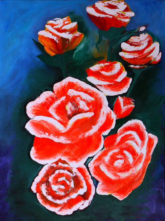 Pintura titulada "Red Roses on Deep B…" por Tetiana Surshko (SurshkoArt), Obra de arte original, Oleo