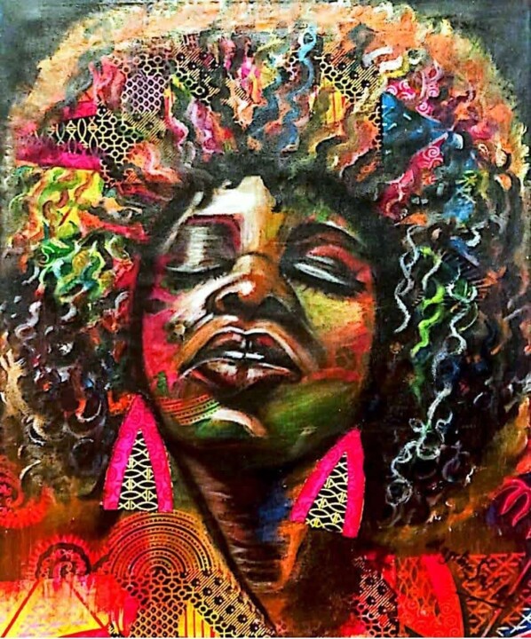 Картина под названием "Colourful Fro" - Marthe Ngandu, Подлинное произведение искусства, Акрил