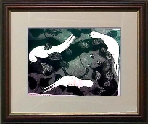 Impressões e gravuras intitulada "04_Menina com pássa…" por Maria Lucia Pacheco, Obras de arte originais, Água forte