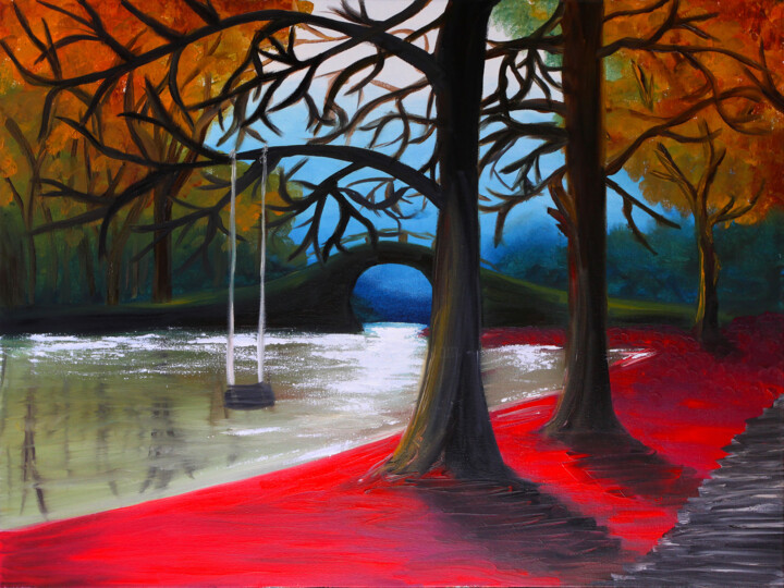 Autumn Oasis Tranquil Lake and Park Reflection 绘画, 19.7x27.6 in