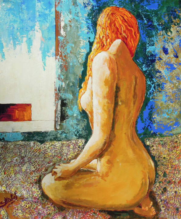Painting titled "Nu au tapis Persan" by Gérard Michel, Original Artwork, Acrylic Mounted on Wood Stretcher frame