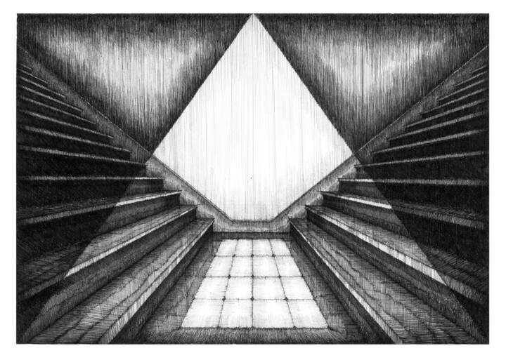 Dessin intitulée "ESCALIER AVEC DOUBL…" par Yannick Touanen, Œuvre d'art originale, Encre