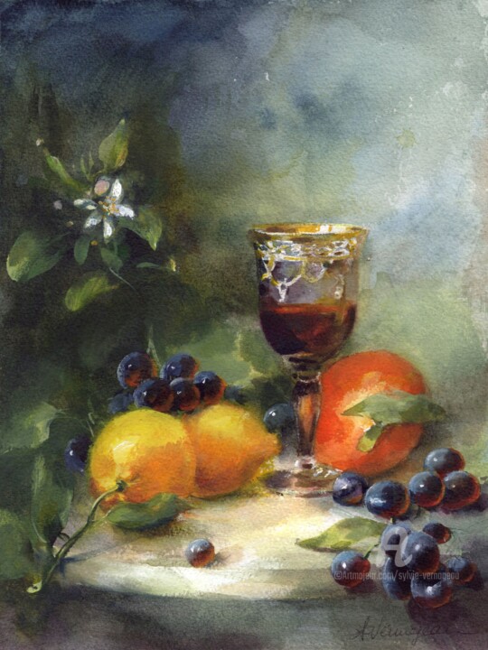 Peinture intitulée ""Citron et verre do…" par Sylvie Vernageau, Œuvre d'art originale, Aquarelle