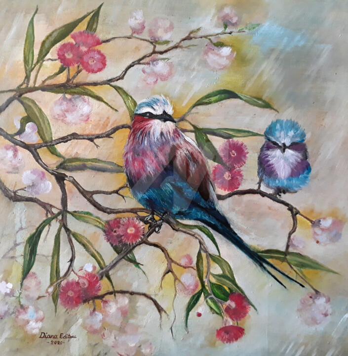 Lilac-breasted roller on blooming tree 绘画, 15.8x15.8 in