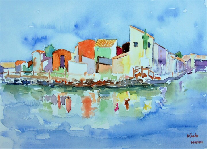 Peinture intitulée "Sète, en arrivant à…" par Jean-Noël Le Junter, Œuvre d'art originale, Aquarelle Monté sur Panneau de bois