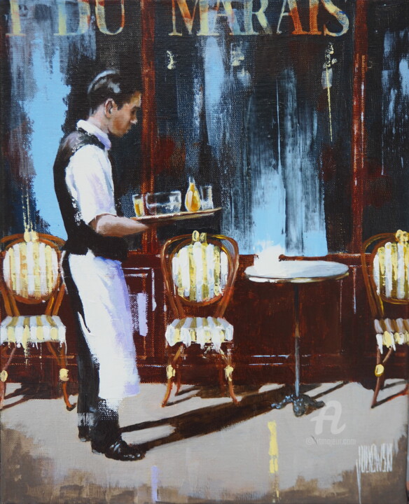 Painting titled "Le bistrot du Marais" by Sylvie Julkowski-Egard, Original Artwork, Oil Mounted on Wood Stretcher frame
