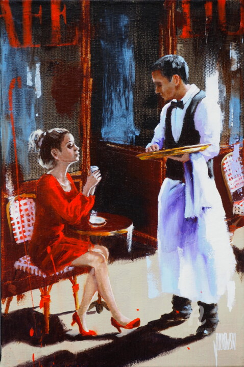 Peinture intitulée "Le café du 4e" par Sylvie Julkowski-Egard, Œuvre d'art originale, Huile Monté sur Châssis en bois